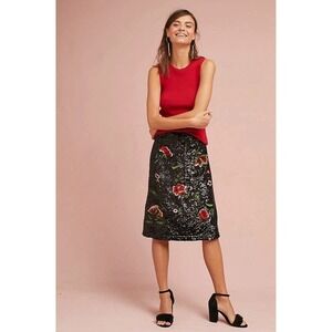 Anthropologie Garden Glitz Skirt Sequin Embroidered Flower Black Red Size 6 NWT